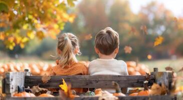 Children Sitting On A Bench At A Pumpkin Patch photo