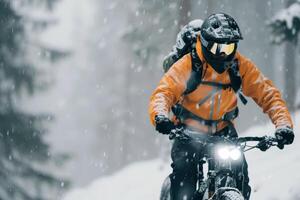 Cyclist in Winter Forest photo