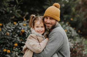 Father and Daughter Smiling in a Tree Farm photo