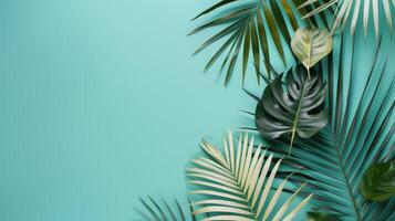 Tropical Leaf Arrangement on Turquoise Background photo