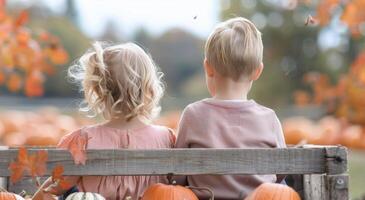 Children Sitting On A Bench At A Pumpkin Patch photo