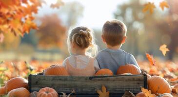 Children Sitting On A Bench At A Pumpkin Patch photo