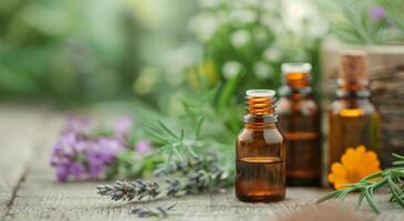 Essential Oils and Herbs on Wooden Surface photo