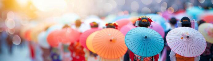 Japanese Women Walking With Umbrellas photo
