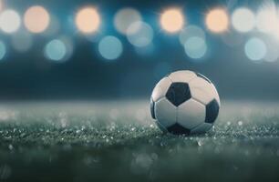 Soccer Ball on Grass Field Under Stadium Lights photo