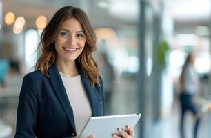 Smiling Woman Using Tablet In Office photo