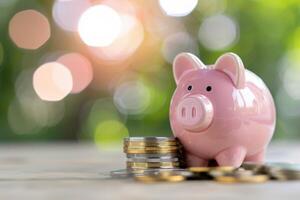 Piggy Bank and Coins on Wooden Table photo