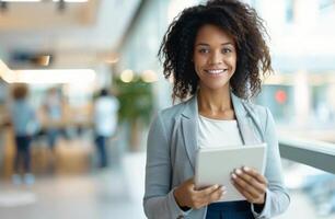 Smiling Woman Using Tablet In Office photo