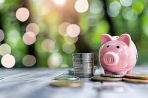 Piggy Bank and Coins on Wooden Table photo