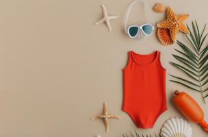 Red Swimsuit and Beach Accessories photo