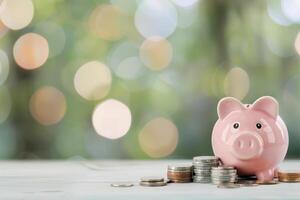 Piggy Bank and Coins on Wooden Table photo