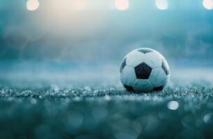 Soccer Ball on Grass Field Under Stadium Lights photo