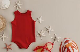 Red Swimsuit and Beach Accessories photo