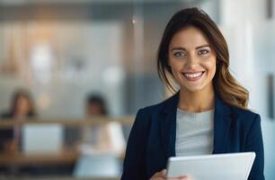 Smiling Woman Using Tablet In Office photo