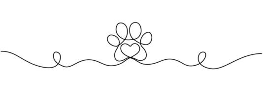 Drawing of a dog or cat paw print with a heart inside in one continuous line. Paw print design. Concept of love for animals . illustration vector