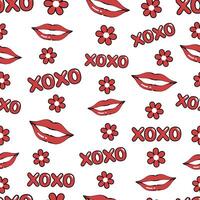 Playful seamless pattern featuring repeating elements of red lips, XOXO text, and red flowers on a white background. The design creates a fun and romantic vibe. vector