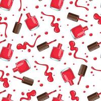 seamless pattern of red nail polish bottles, brushes, and splashes on a white background vector