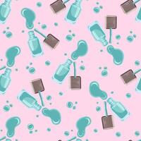 seamless pattern of green nail polish bottles, brushes, and splashes on a pink background vector