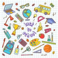 Vibrant back-to-school illustration with colorful school elements on a grid paper background vector