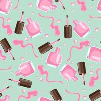 seamless pattern of pink nail polish bottles, brushes, and splashes on a mint background vector