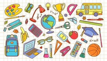 school themed set of illustrations with variety of educational tools on grid paper background vector