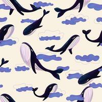 seamless pattern with cute hand drawn whales and clouds. Modern Design for print, fabric, wallpaper, card, baby room decoration, textile. Colorful illustration, overlapping backdrop. vector