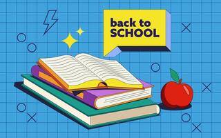 Adobillustration of subjects for school. Drawn books and notebooks in Stylist 90s in bright colors. Text bubble and design elements on a blue background with a modern pattern.e Illustrator Artwork vector