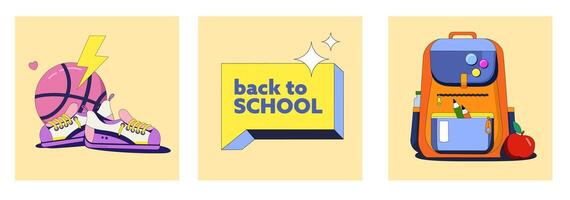 Set about school subject. The illustration shows a school ball and sneakers in bright colors. Backpack with pencils and text bubble in flat style on a background. Vintage collection vector