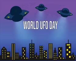 Ufo flying spaceship. World UFO Day. Flying saucer. Unidentified Flying Object, City Landscape Design Style vector