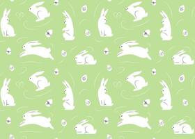 Seamless pattern with cute white bunnies and Easter eggs, isolated on light green background, vector