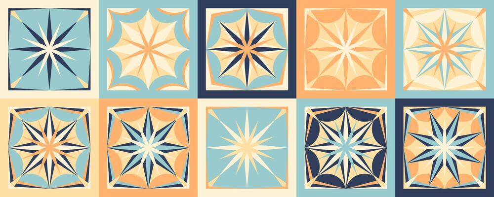 10 square ceramic tiles design collection. Ornamental textile background. colorful folk patchwork