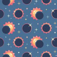 Solar eclipse seamless pattern on blue background in flat cartoon vector
