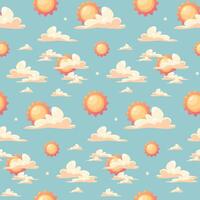 Seamless pattern with sun and clouds on blue background, vector