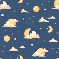 Seamless pattern of night sky with moon, clouds and stars on navy blue background, vector