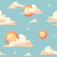 Seamless pattern with sun and clouds on blue background, vector