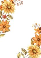 Fall flower vertical frame with watercolor red and orange twig of leaves. Hand drawn floral edged template in rustic style. Perfect for autumn botanical invitation and card designs. vector