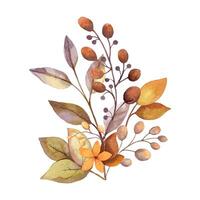 Autumn flower watercolor bouquet with small berries and twig. Hand drawn floral arrangement with blooming in golden and muted colors. Perfect for fall botanical invitation and card designs. vector