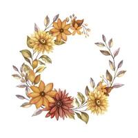 Fall flower wreath with watercolor Aster and Dahlia with leaf. Hand drawn floral frame with blooming in rustic style with red color. Perfect for autumn botanical invitation and card designs. vector