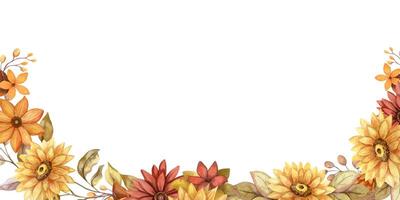 Fall flower horizontal banner with watercolor blossom and branch of leaves. Hand drawn floral edged template in rustic style. Perfect for autumn botanical invitation and card designs. vector