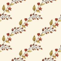 Thin branch with berry and red flower seamless pattern on the beige background. Hand painted watercolor diagonal fall twig and leaves floral illustration for fabric and paper designs. vector