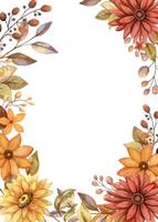Fall flower vertical frame with watercolor red and orange bloom and twig of leaves. Hand drawn floral edged template in rustic style. Perfect for autumn botanical invitation and card designs. vector
