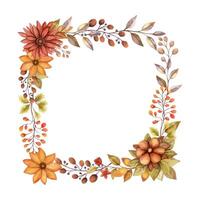 Square wreath fall flower with watercolor Aster and branch of berries. Hand drawn red and orange floral frame in rustic style. Perfect for autumn botanical invitation and card designs. vector