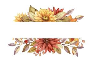 Autumn horizontal divider frame with watercolor flower and copy space. Hand drawn floral edge template in rustic style. Perfect for fall botanical invitation and card designs. vector