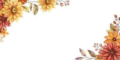 Fall flower horizontal banner with watercolor blossom and branch of leaves. Hand drawn floral edged template in rustic style. Perfect for autumn botanical invitation and card design. vector