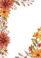Fall flower vertical frame with watercolor red and orange bloom and twig of leaves. Hand drawn floral edged template in rustic style. Perfect for autumn botanical invitation and card designs. vector