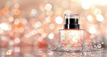 Perfume Bottle in Water Splash With Bokeh Background photo