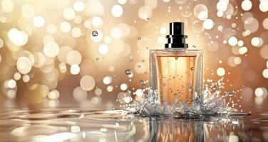 Perfume Bottle in Water Splash With Bokeh Background photo