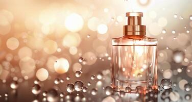 Perfume Bottle in Water Splash With Bokeh Background photo