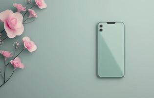 Green Smartphone on White Table With Pink Flowers photo
