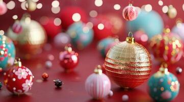 Christmas Ornaments on Red Background photo